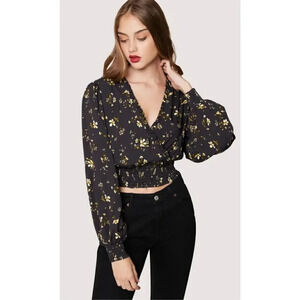 Lost + Wander Daisy Floral Long Sleeve Crop Top 2X Black Smocked Ruffle V-Neck